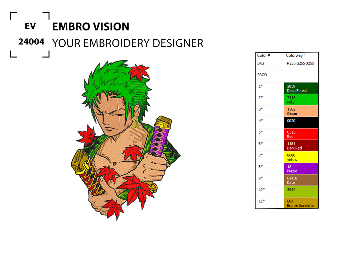 Zoro Anime Embroidery design