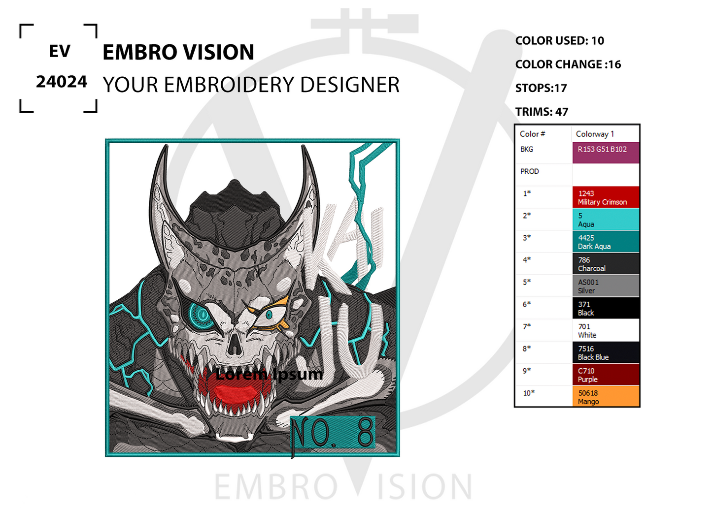 Custom Kaiju No 8 Embroidery Design - Perfect Embroidery File for Embroidery Machine