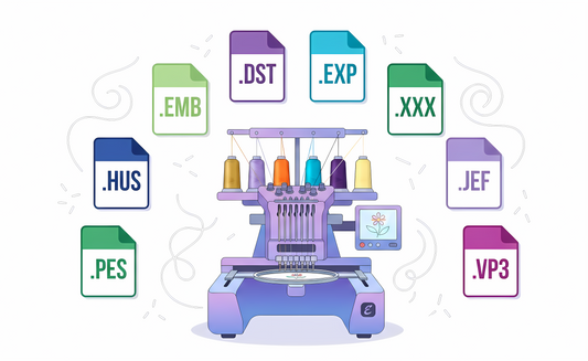 A vector illustration of a multi-needle embroidery machine surrounded by icons for various embroidery file formats.