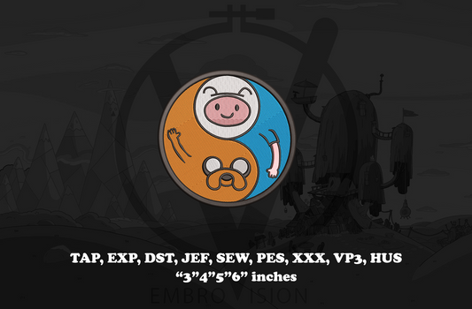 A digital embroidery patch preview featuring Adventure Time characters Jake the Dog in orange and Finn the Human in blue, arranged in a stylized yin-yang motif. White technical text at the bottom lists embroidery file formats such as TAP, EXP, DST, JEF, SEW, PES, XXX, VP3, HUS, along with dimensions in inches.