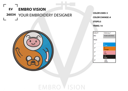 A digital embroidery patch preview of Adventure Time, showing Jake the Dog and Finn the Human in a circular yin-yang design, with “EMBRO VISION” branding alongside color usage information and stitch count details.