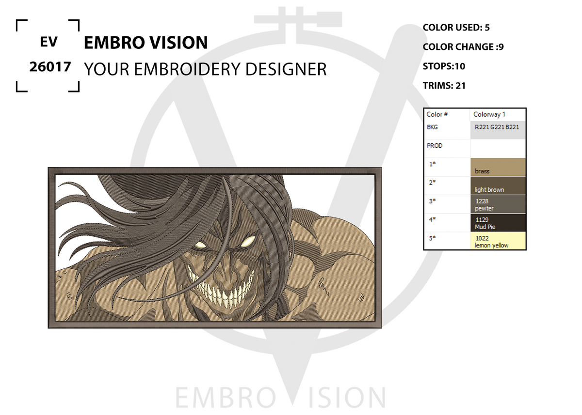 A digital preview sheet for an embroidery design by Embro Vision, featuring the Attack Titan on a white background. The layout includes a color palette chart, embroidery parameters, and stitch information, presented in a clean professional embroidery mockup format.