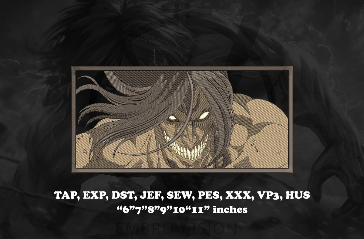 A digital embroidery design preview featuring the Attack Titan from Attack on Titan, shown in a powerful action pose with intense shading. The image includes text listing compatible file formats, available sizes, and stitch count details for each version.