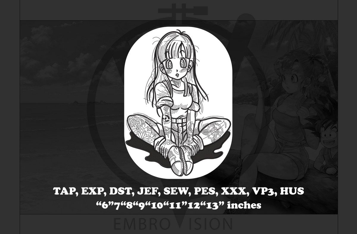 A black and white digital preview of a Bulma (Dragon Ball) outline embroidery design, showing a seated character with long hair and a confident pose. The design is centered inside an oval on a dark background, with text listing embroidery file formats and sizes below.