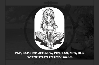 A black and white digital preview of a Bulma (Dragon Ball) outline embroidery design, showing a seated character with long hair and a confident pose. The design is centered inside an oval on a dark background, with text listing embroidery file formats and sizes below.