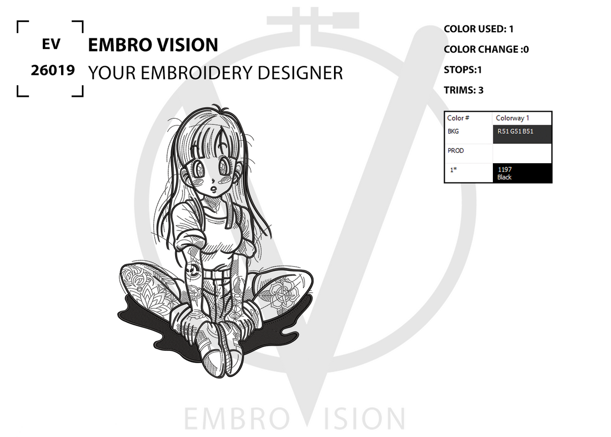 An embroidery design preview sheet featuring Bulma outline artwork from Dragon Ball, shown as a clean seated character sketch on a white background. The layout includes “EMBRO VISION”, “YOUR EMBROIDERY DESIGNER”, color information, and a small color swatch box, presented in a professional embroidery mockup format.