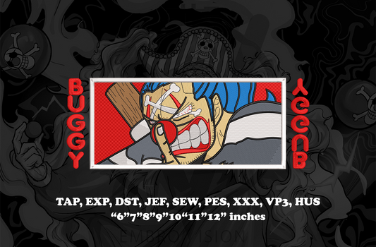 A digital embroidery design preview featuring Buggy the Clown from One Piece, presented as a detailed pirate character design. The center shows a white-bordered square with a colorful face inspired by Buggy’s clown pirate appearance, flanked by vertical red text reading “BUGGY”