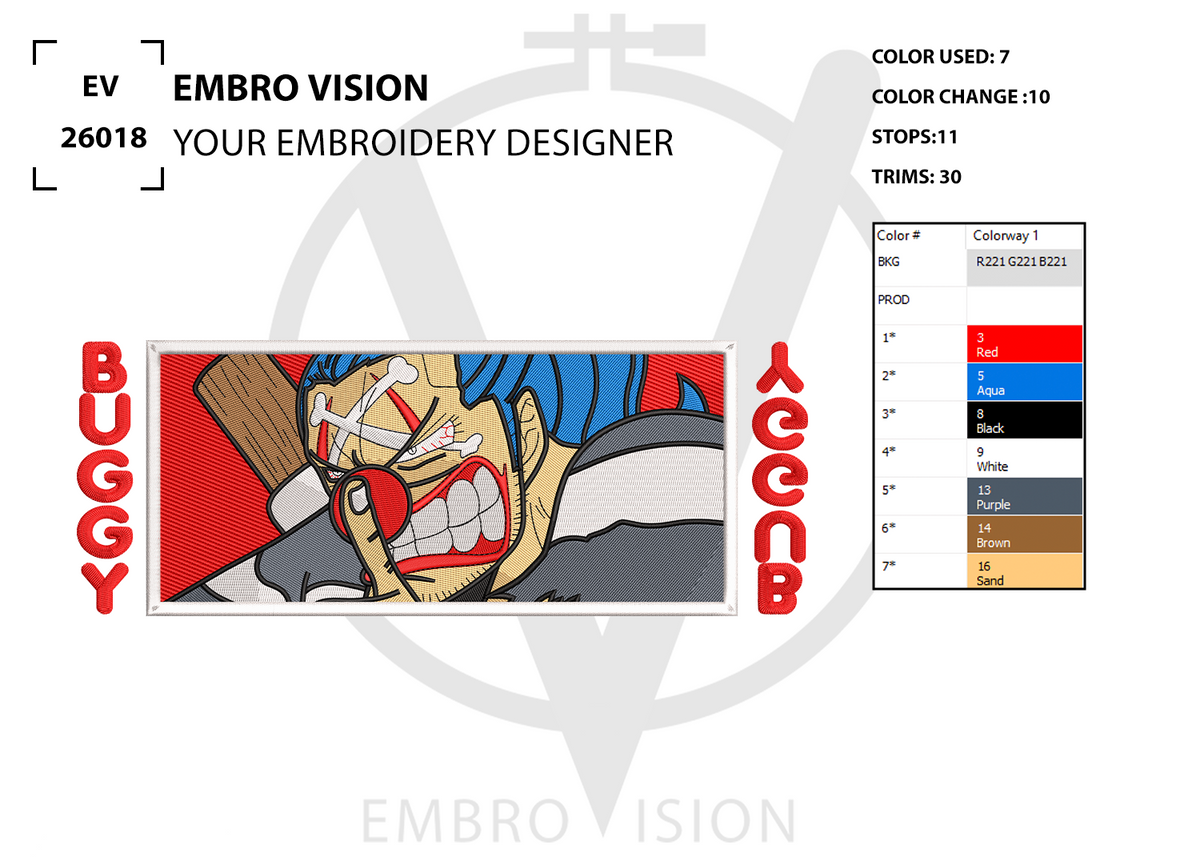 A digital preview sheet for an embroidery design by Embro Vision, featuring Buggy the Clown on a white background. The layout includes embroidery parameters, a color palette chart, and stitch information, presented in a clean professional embroidery mockup format.