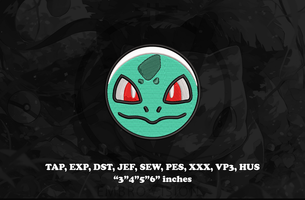 A circular embroidered design preview of a Bulbasaur patch from Pokémon, featuring a light green face with red eyes and a dark green leaf on a black, textured background. White text at the bottom lists compatible file formats and sizes.