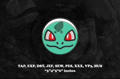 A circular embroidered design preview of a Bulbasaur patch from Pokémon, featuring a light green face with red eyes and a dark green leaf on a black, textured background. White text at the bottom lists compatible file formats and sizes.