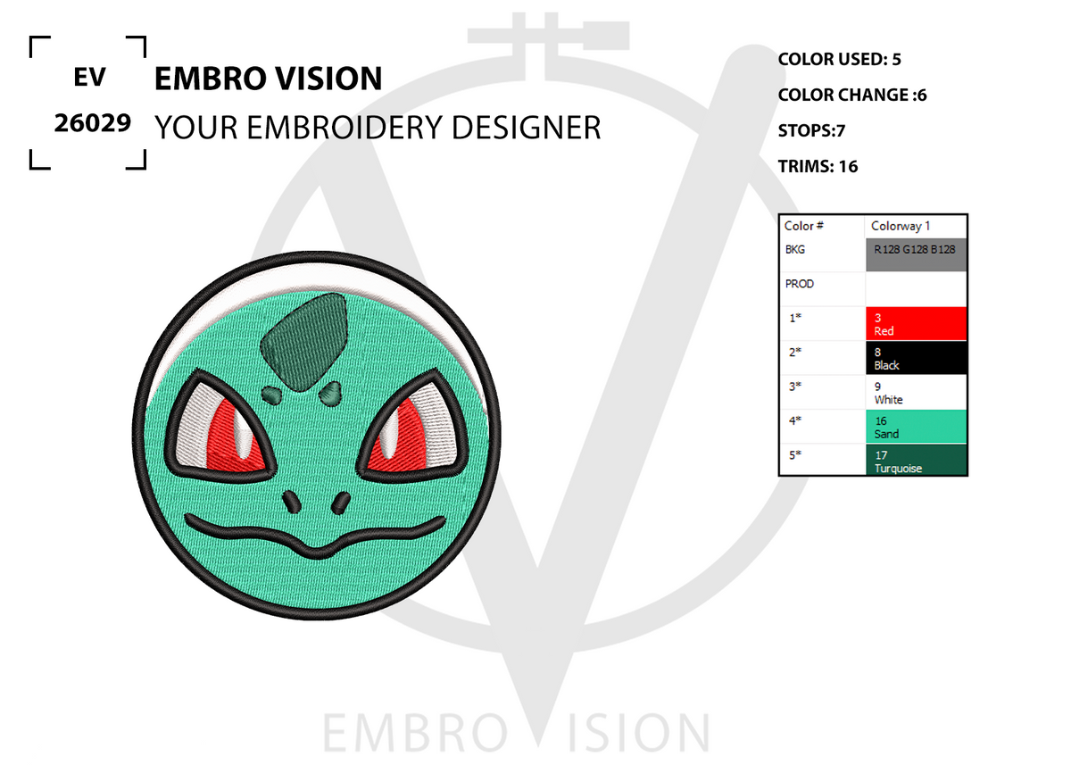 A circular embroidered design preview of a Bulbasaur patch from Pokémon, featuring a green cartoon face with red eyes, set against a white background, with the text 'EMBRO VISION' and a small color chart.