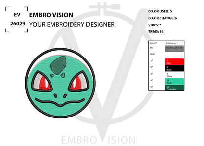 A circular embroidered design preview of a Bulbasaur patch from Pokémon, featuring a green cartoon face with red eyes, set against a white background, with the text 'EMBRO VISION' and a small color chart.