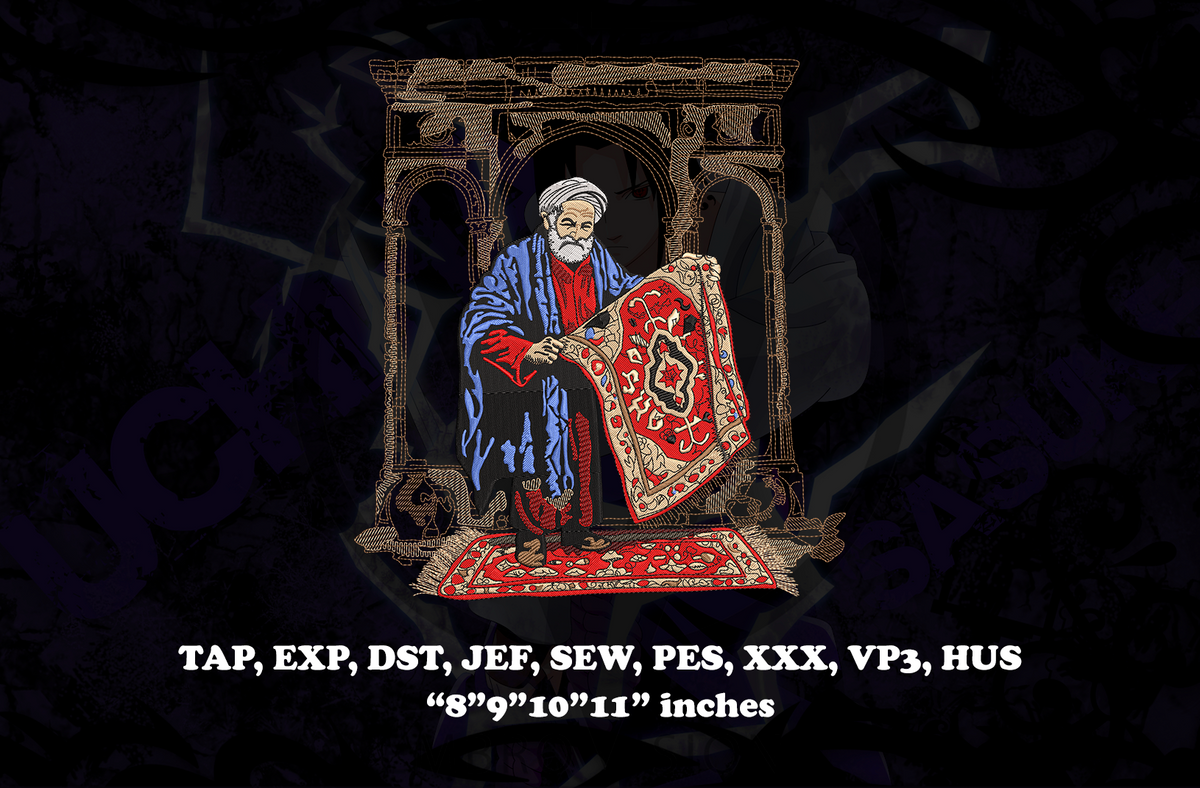 Digital graphic preview of a digital embroidery design featuring a bearded man in a blue robe holding a red patterned rug, with technical text overlays at the bottom detailing embroidery file formats and sizes.