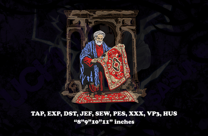 Digital graphic preview of a digital embroidery design featuring a bearded man in a blue robe holding a red patterned rug, with technical text overlays at the bottom detailing embroidery file formats and sizes.