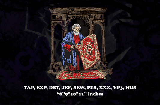 Digital graphic preview of a digital embroidery design featuring a bearded man in a blue robe holding a red patterned rug, with technical text overlays at the bottom detailing embroidery file formats and sizes.