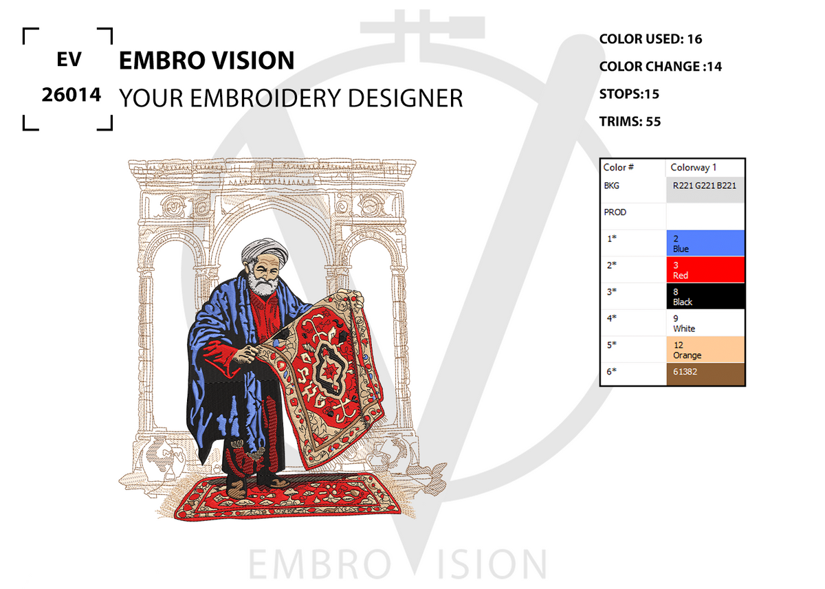 A digital preview sheet for an embroidery design by Embro Vision, showing a line-art illustration of a robed figure holding a red patterned rug or carpet. The sheet includes text such as 'EMBRO VISION', 'YOUR EMBROIDERY DESIGNER', color information, stop count, trim count, and a small color swatch table on the right.