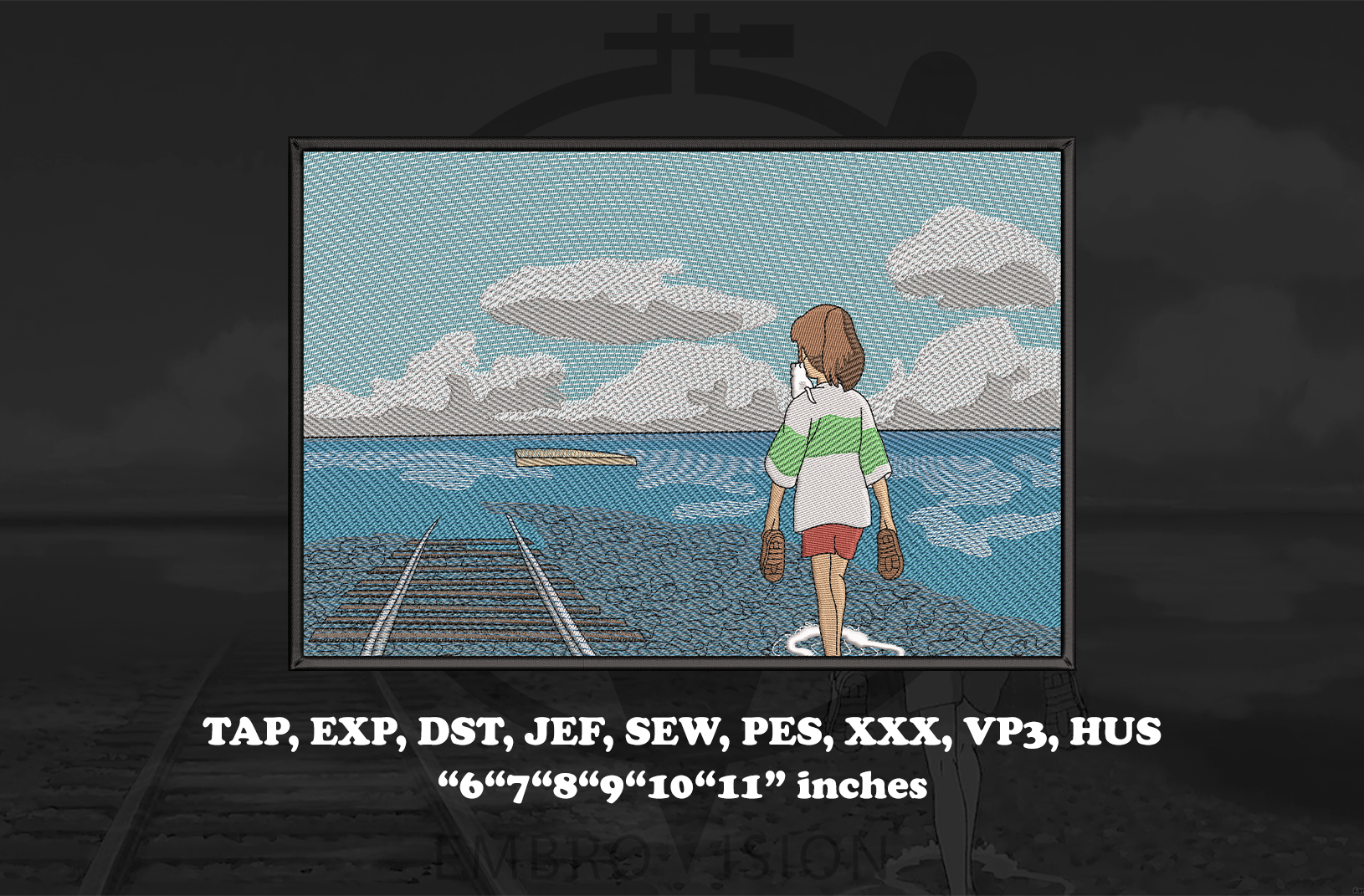  A digital embroidery design preview showing Chihiro Ogino from Studio Ghibli standing on railroad tracks, looking out at the ocean under a cloudy sky.  With text listing embroidery file formats and sizes: TAP, EXP, DST, JEF, SEW, PES, XXX, VP3, HUS, 