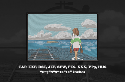  A digital embroidery design preview showing Chihiro Ogino from Studio Ghibli standing on railroad tracks, looking out at the ocean under a cloudy sky.  With text listing embroidery file formats and sizes: TAP, EXP, DST, JEF, SEW, PES, XXX, VP3, HUS, 