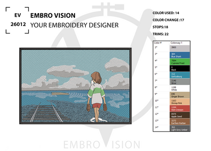 A preview sheet for an embroidery design showing Chihiro Ogino from Studio Ghibli standing on railroad tracks, looking out at the ocean under a cloudy sky.  Alongside color usage information and stitch count details 