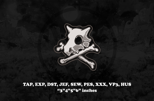 A digital embroidery design preview for Cubone from Pokémon with its iconic skull helmet and bone club, displayed as a bold central emblem, with text at the bottom listing file formats such as TAP, EXP, DST, JEF, SEW, PES, XXX, VP3, HUS, and sizes