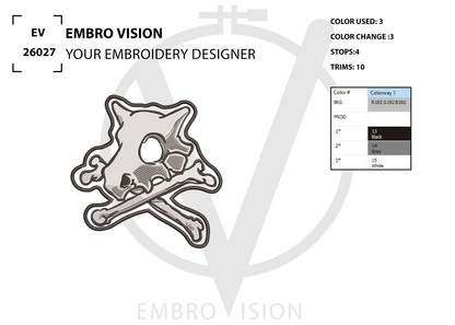 A digital preview sheet for an embroidery design, showing a skull and crossbones motif with technical metadata. The design is labeled 'EMBRO VISION' and includes a small color swatch table on the right side.