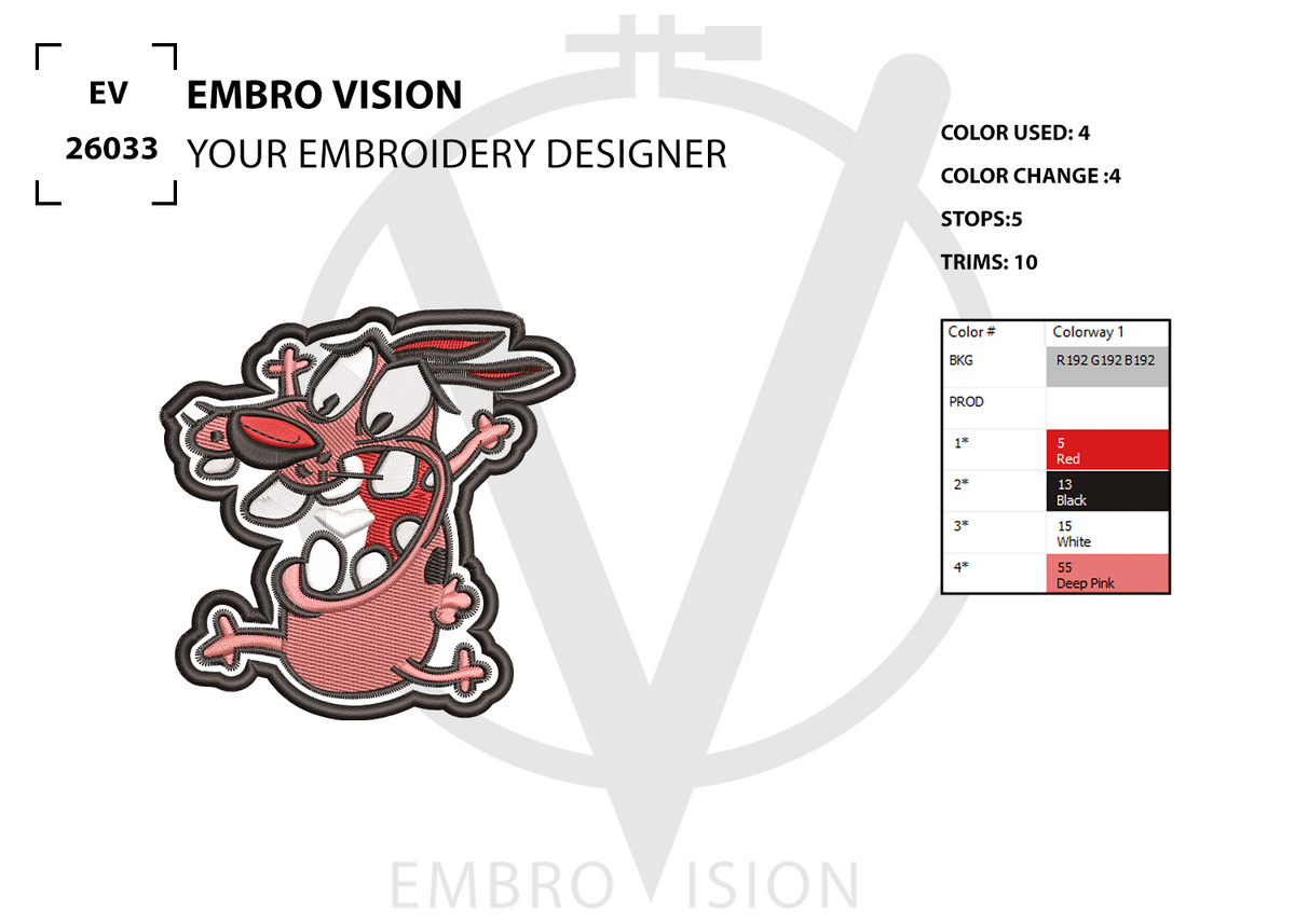A digital embroidery design preview for “COURAGE THE COWARDLY DOG PATCH” featuring Courage from Courage the Cowardly Dog, alongside color usage information and stitch count details.