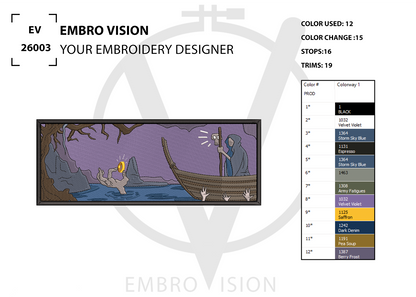 Dark fantasy embroidery design file featuring reaper ferryman, skeletal hands and glowing ring, machine embroidery digital download