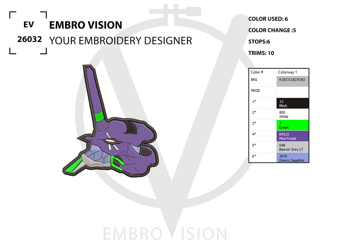 A digital embroidery design preview for “EVANGELION UNIT-01 HEAD PATCH” featuring the iconic purple head, green accents, and horn of Evangelion Unit-01 from Neon Genesis Evangelion, alongside color usage information and stitch count details and its by Embrovision.