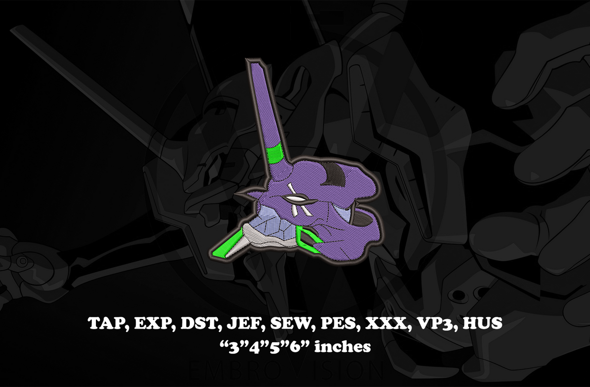 An embroidery patch preview of Evangelion Unit-01’s head in purple, green, and gray. White technical text at the bottom lists embroidery file formats such as TAP, EXP, DST, JEF, SEW, PES, XXX, VP3, HUS, along with dimensions in inches.