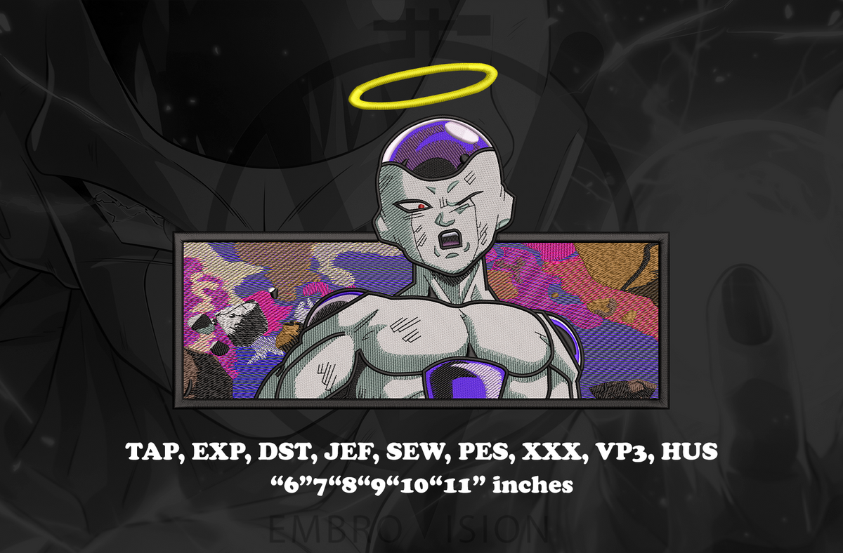 A digital preview of a custom anime embroidery design featuring the character Frieza from Dragon Ball Z. The design shows Frieza with a yellow halo, set against a colorful, pixelated background.