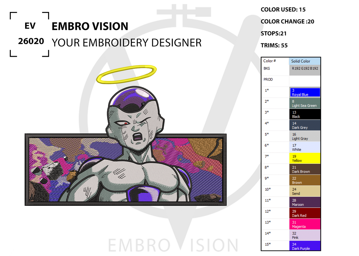 A digital preview sheet for an embroidery design featuring a stylized anime character with a purple halo, shown on a white background with branding text 'EMBRO VISION', color information, and a color chart.