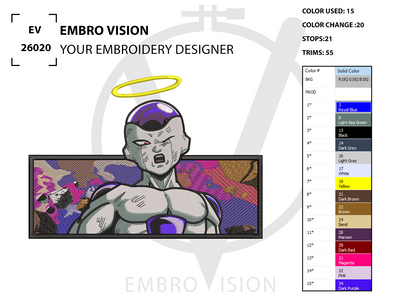 A digital preview sheet for an embroidery design featuring a stylized anime character with a purple halo, shown on a white background with branding text 'EMBRO VISION', color information, and a color chart.