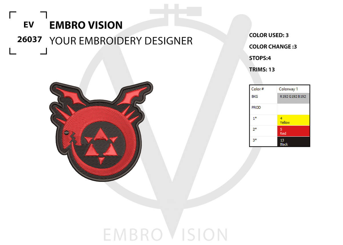A digital embroidery patch preview of the Brotherhood logo from Fullmetal Alchemist, featuring a red and black dragon head with a triple-star emblem in the center, with “EMBRO VISION” branding alongside color usage information and stitch count details.