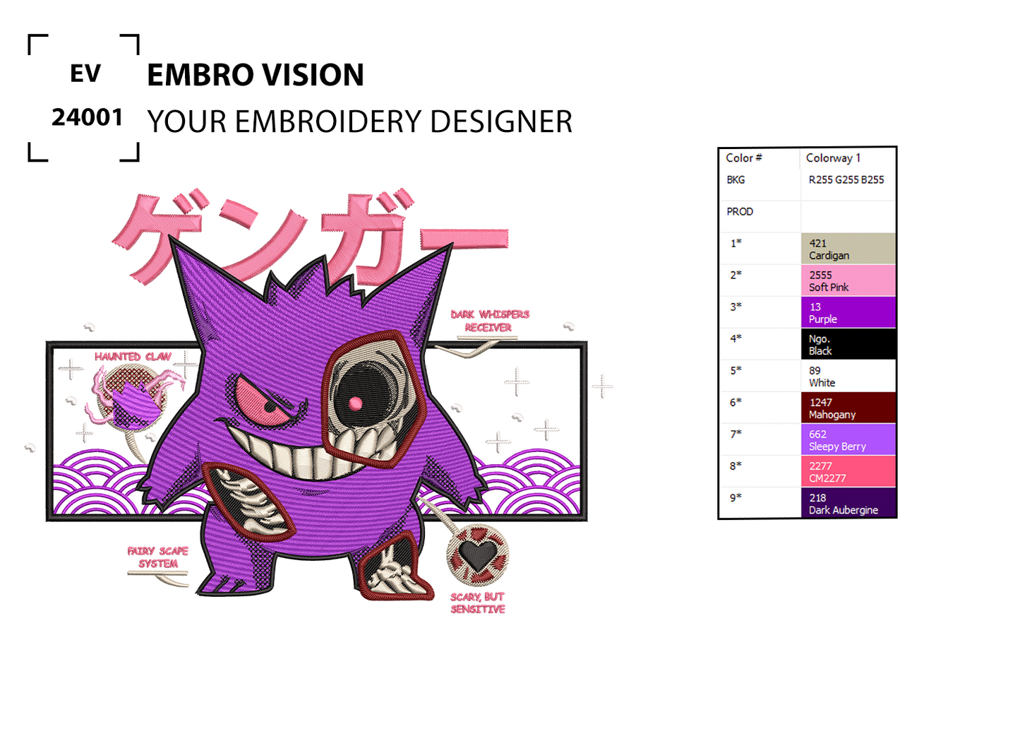 Gengar Pokémon embroidery design
