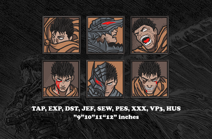 A preview of six Guts Berserk anime embroidery designs in a 2x3 grid, showing detailed machine embroidery stitching, textured thread, and digitized embroidery file results.