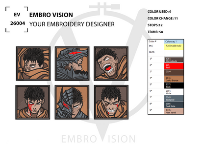 A digital embroidery design preview sheet for 'Embro Vision' featuring six Guts Berserk anime embroidery designs with detailed machine embroidery stitching, digitized color changes, and a thread color palette chart.