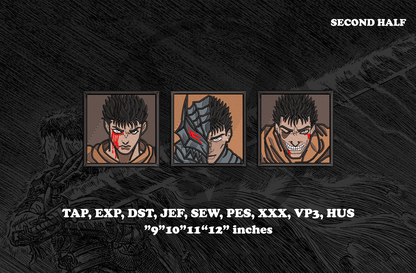 A digital preview of a three-piece anime character patch set featuring Guts from Berserk. The set includes TAP, EXP, DST, JEF, SEW, PES, XXX, VP3, and HUS patches, shown as three square character portraits on a dark, sketchy background with text indicating file formats and sizes.