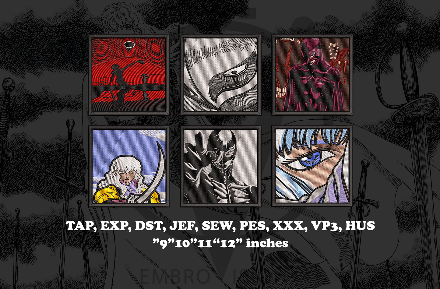 A preview of six griffith Berserk anime embroidery designs in a 2x3 grid, showing detailed machine embroidery stitching, textured thread, and digitized embroidery file results.