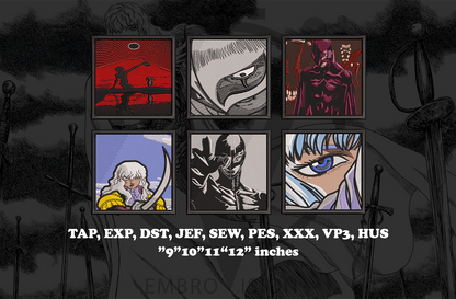 A preview of six griffith Berserk anime embroidery designs in a 2x3 grid, showing detailed machine embroidery stitching, textured thread, and digitized embroidery file results.