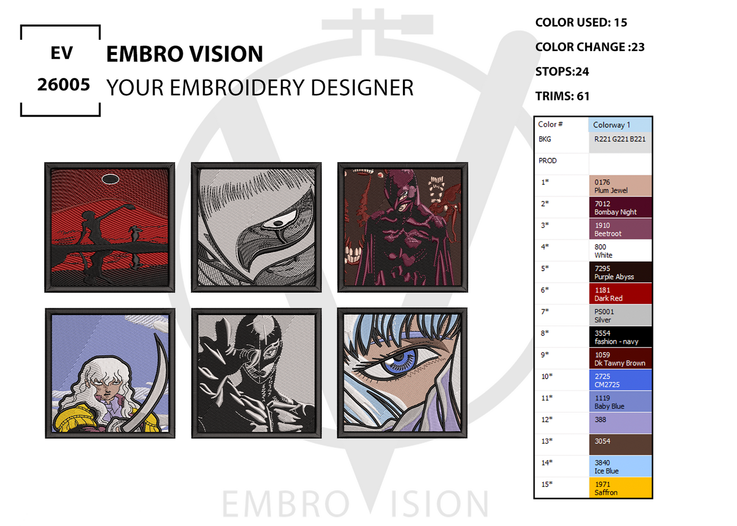 A digital embroidery design preview sheet for 'Embro Vision' featuring six griffith Berserk anime embroidery designs with detailed machine embroidery stitching, digitized color changes, and a thread color palette chart.