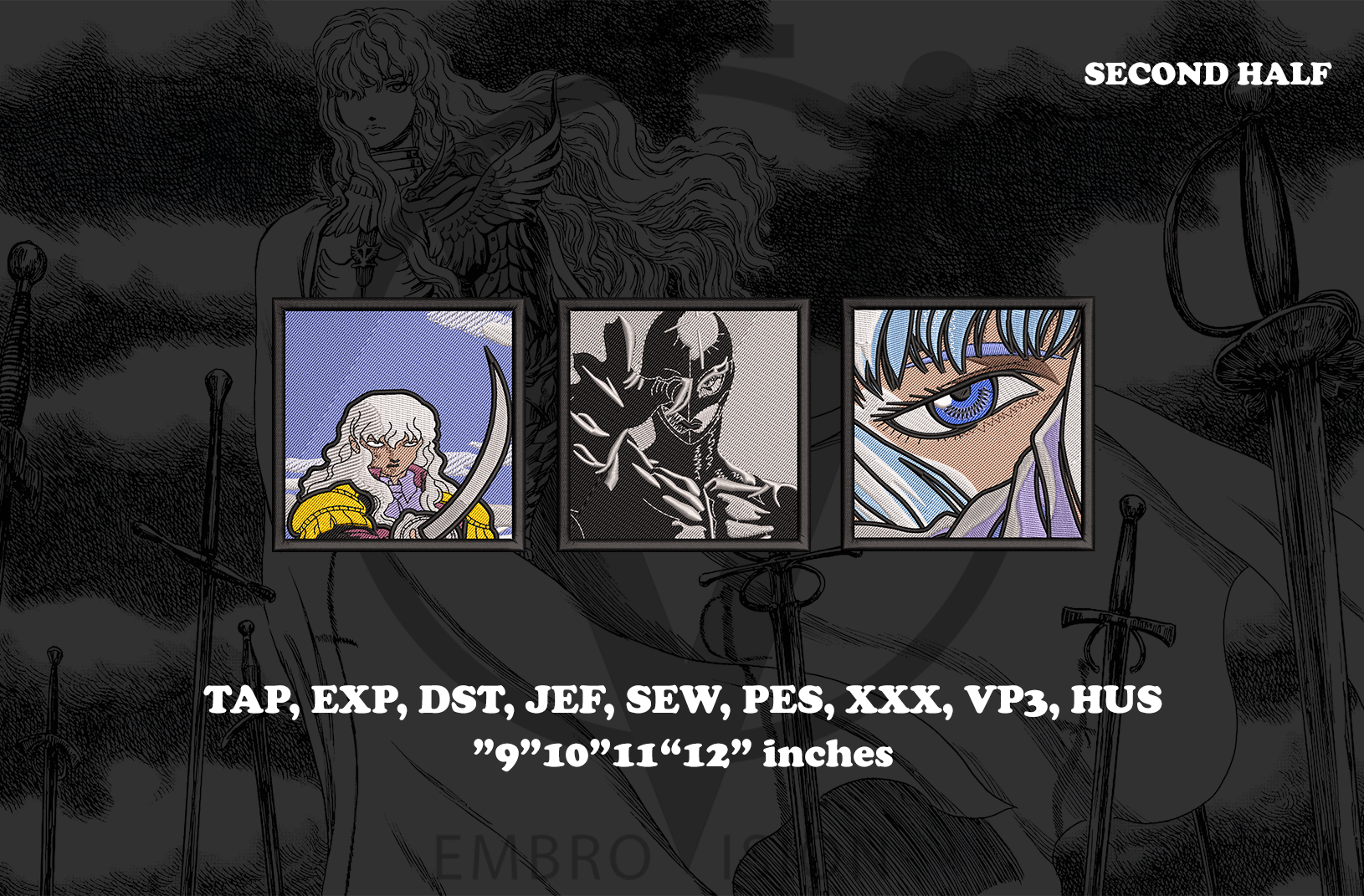 A digital preview of a three-piece anime character patch set featuring griffith from Berserk. The set includes TAP, EXP, DST, JEF, SEW, PES, XXX, VP3, and HUS patches, shown as three square character portraits on a dark, sketchy background with text indicating file formats and sizes.