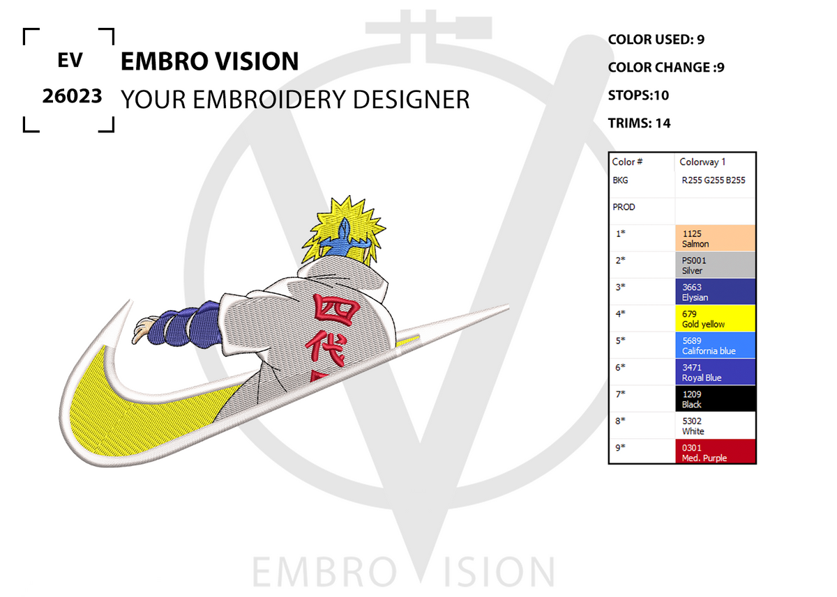 A digital embroidery design preview for “SWOOSH – Minato Namikaze DESIGN” showing a stylized anime character inspired by Minato Namikaze posing from the back, wearing his shinobi jacket inside a bold swoosh-shaped emblem, capturing a dynamic motion-focused composition alongside color usage information and stitch count details and its by Embrovision