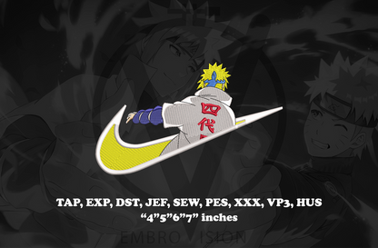 A dark anime-style embroidery design preview featuring Minato Namikaze viewed from the back in a powerful stance, centered inside a swoosh-style curved logo shape. White technical text at the bottom lists embroidery file formats such as TAP, EXP, DST, JEF, SEW, PES, XXX, VP3, HUS, along with dimensions in inches