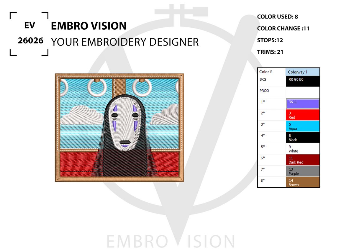 A digital embroidery design preview for “NO FACE – SPIRITED AWAY DESIGN” featuring No-Face from Spirited Away displayed inside an elegant gold frame against a dark background, alongside color usage information and stitch count details and its by Embrovision.