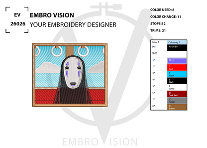 A digital embroidery design preview for “NO FACE – SPIRITED AWAY DESIGN” featuring No-Face from Spirited Away displayed inside an elegant gold frame against a dark background, alongside color usage information and stitch count details and its by Embrovision.