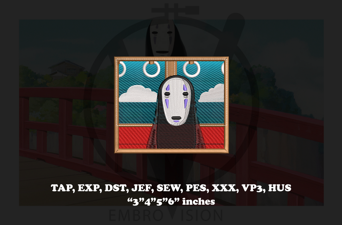 Digital preview of an embroidery design featuring the character No-Face from Spirited Away, shown inside a gold frame on a dark background with text listing file formats and sizes.