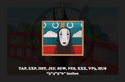 Digital preview of an embroidery design featuring the character No-Face from Spirited Away, shown inside a gold frame on a dark background with text listing file formats and sizes.