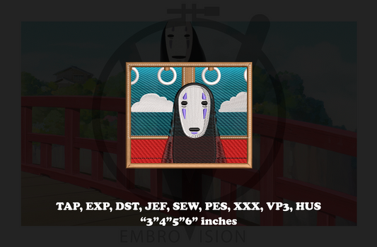 Digital preview of an embroidery design featuring the character No-Face from Spirited Away, shown inside a gold frame on a dark background with text listing file formats and sizes.