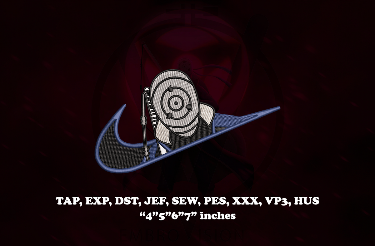 A dark anime-style embroidery design preview featuring Obito Uchiha wearing his mask  inside a swoosh-style curved logo shape, with a powerful centered composition. White technical text at the bottom lists embroidery file formats such as TAP, EXP, DST, JEF, SEW, PES, XXX, VP3, HUS, along with dimensions in inches