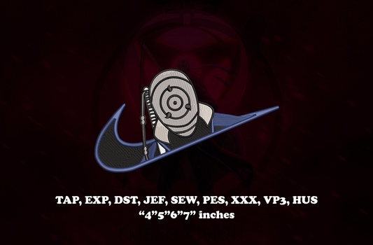 A dark anime-style embroidery design preview featuring Obito Uchiha wearing his mask  inside a swoosh-style curved logo shape, with a powerful centered composition. White technical text at the bottom lists embroidery file formats such as TAP, EXP, DST, JEF, SEW, PES, XXX, VP3, HUS, along with dimensions in inches